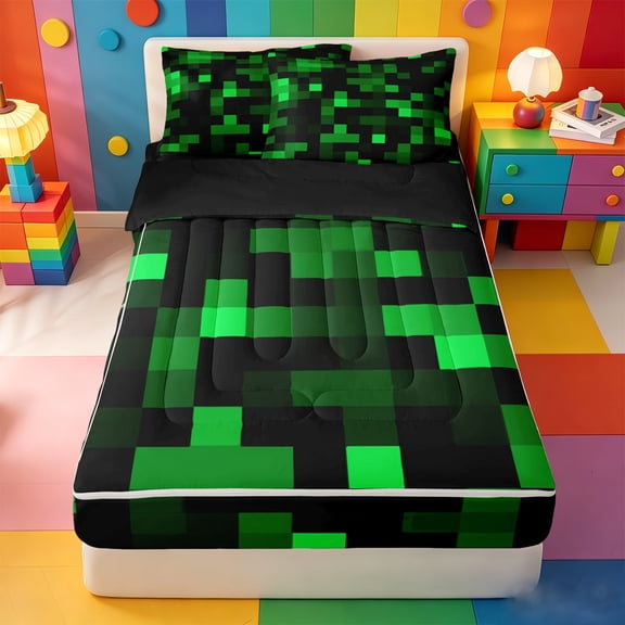 Erosebridal Pixel Plaid Zipper Twin Comforter Sets with Fitted Sheet and 2 Pillowcases,Teens Video Games Zipper Bedding Set For Boys,Black Reversible,4 Pieces