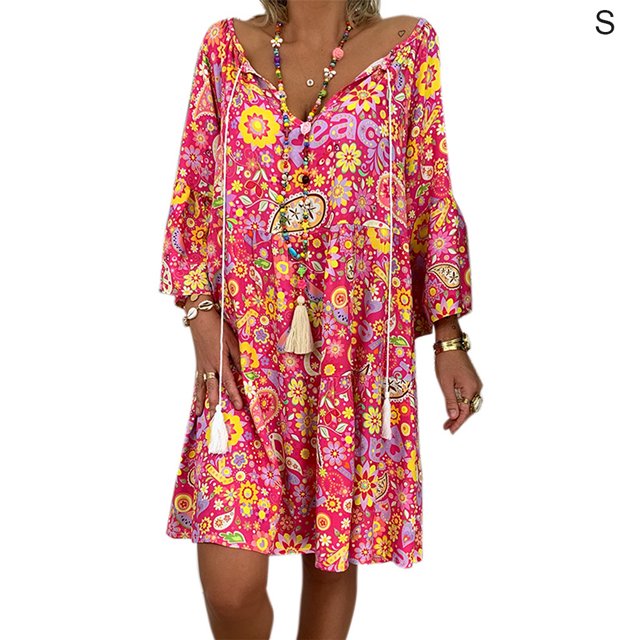 Vestido de verano de manga larga con cuello en V Vestido de mujer con estampado de tela suelta, rojo, S Noticed AP002186-17
