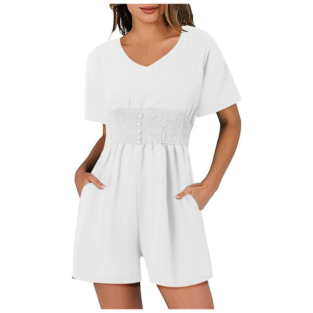 2DXuixsh Rompers for Women Women's Jumpsuit Summer V Neck Button Short Ruffle Sleeve Smocked Mini Short Romper Workout Casual Wide Legs Rompers White Size M