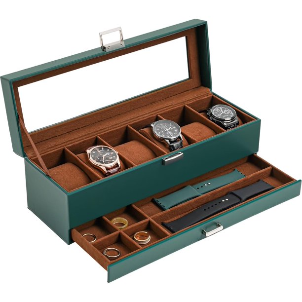 ProCase Caja para Reloj de 6 Ranuras, Estuche Organizador de Relojes de 2 Pisos con Tapa Vidrio Anti-polvo Almacenaje Guardarrelojes para Hombres y Mujeres (Verde)