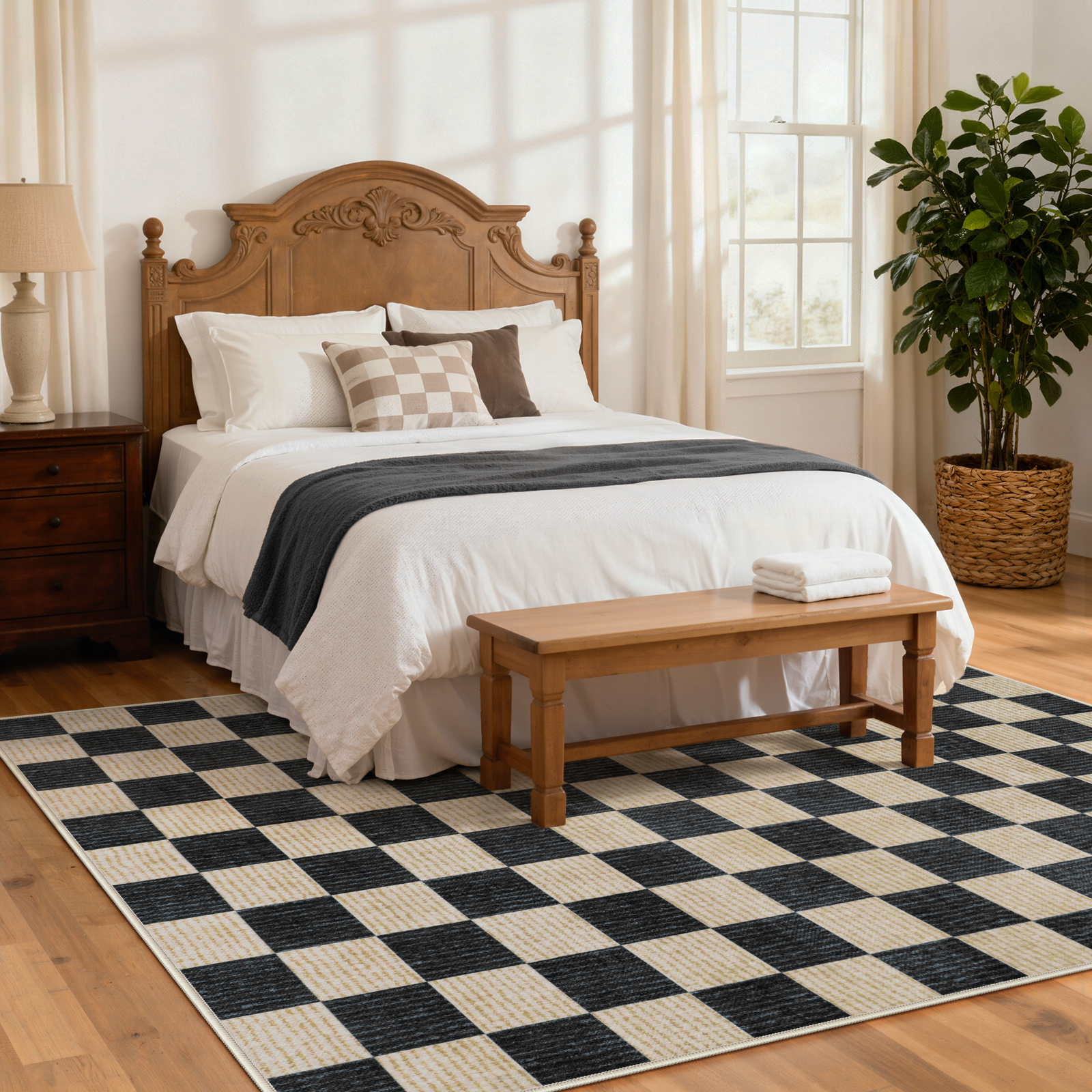 RUG ROBOT 6'x9' Area Rugs for Living Room, Washable Non-Slip Checkered Rugs for Bedroom, Dining Room, Soft Low-Pile Classic Farmhouse Geometric Indoor Large Accent Carpet, Black