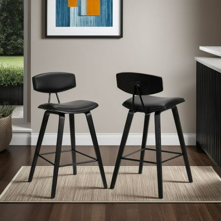 Fox 28.5" Bar Height Black Faux Leather and Black Wood Mid-Century Modern Bar Stool - Set of 2