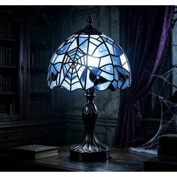 romoty Blue Spiderweb Stained Glass Table Lamp, 9.8 in Gothic Bat Night Light with Black Base for Halloween Bedroom Decor