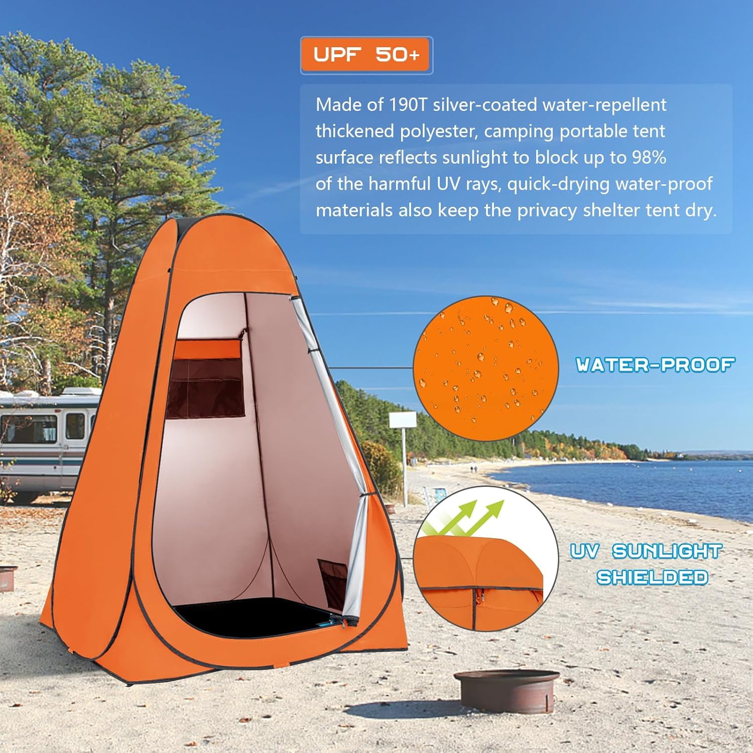 Pop Up Shower Tent, Portable Privacy Camping Changing Tent, Camp Toilet Bathroom Pod with Rain Shelter & Windows, UPF 50+ & Waterproof, 47.2" x 47.2" x 74.8"