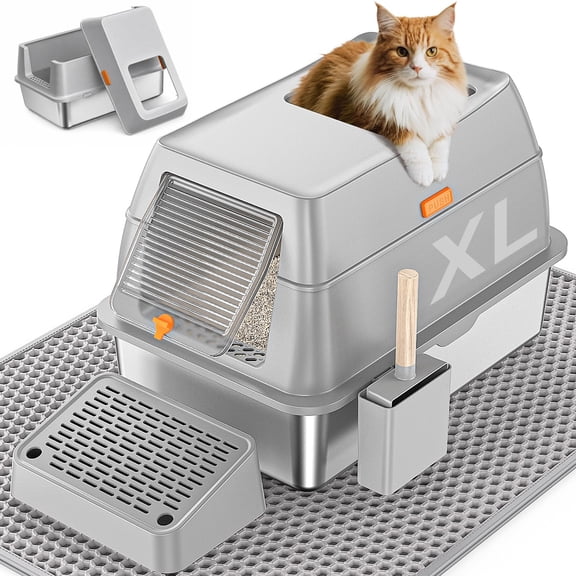 XL Stainless Steel Litter Box with Lid, Enclosed Metal Cat Pan for Big Cats, Easy-Clean, High-Sided Litter Boxs, Front & Top Entry, Anti-Urine Leakage, Scoop & Mat & Pedal Included, Grey