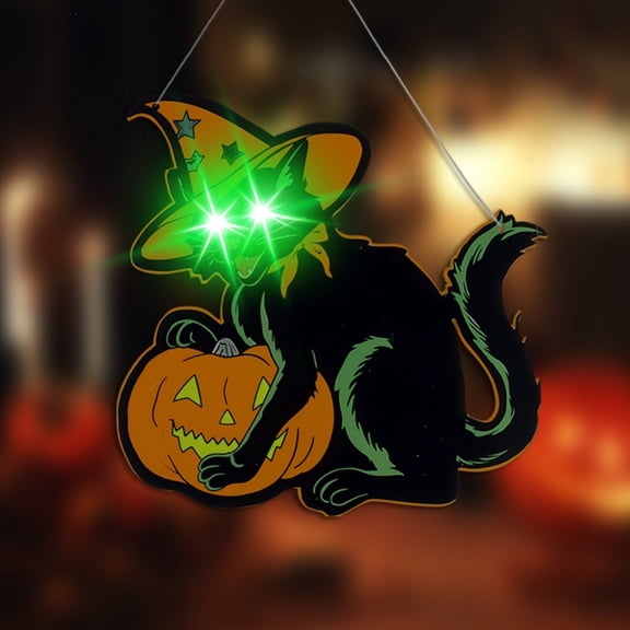 Halloween Black Cat Hanging Ornament, Battery Operated Creepy Light Up Prop, Indoor Outdoor Halloween Party Decoration