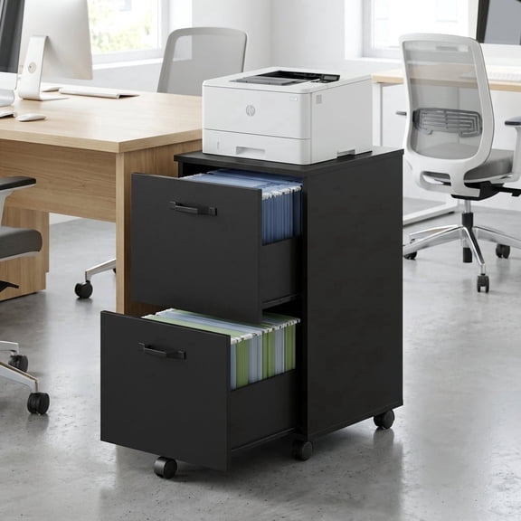 LEDREM 2-Drawer Rolling Storage Unit – Wood File Cabinet with Steel & Particleboard Construction, for Office, Holds A4/Letter Folders, 5 Swivel Casters with Brakes, Supports 77 lbs, Matte Black