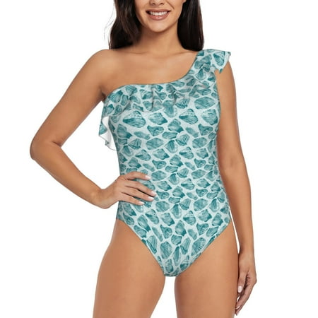 Salouo Teal turquoise shell Pattern One Shoulder Ruffled One Piece Swimsuit for Women V Neck Swimwear Tummy Control Bathing Suit-X-Large