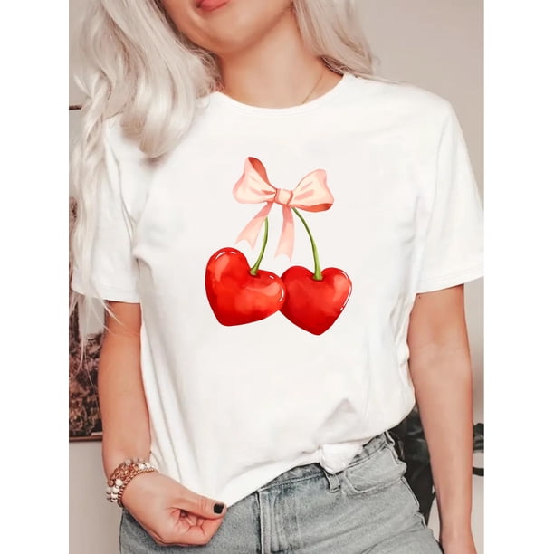Chic Love Cherry Graphic Tee for Women - Casual Round Neck, Short Sleeve, Stretchy ,WIdeal Everyday Fashion Top with Pink Bow Detail Tee For Adult, Men, Women, Teen, Teenager, Adolescent, Youth