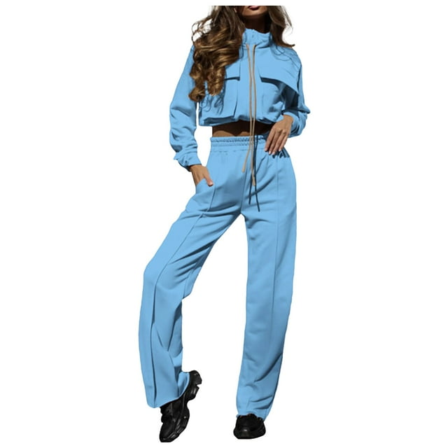Fgnfyis Womens Tracksuits Set Womens Cargo Pant Two Piece Outfit Drawstring Full Zip Cropped Work Jacket and Drawstring Long Pant Sets Casual Pocket Solid Color Sweatsuit Trousers Sets Sky Blue S