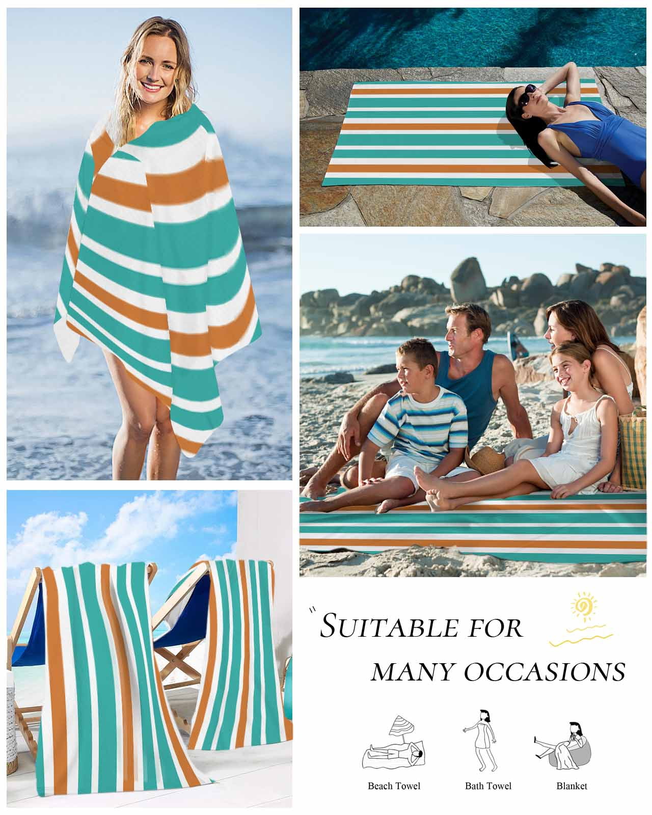 Turquoise Orange Striped Beach Towels Oversized Super Absorbent,Modern White Abstract Art Aesthetics Lightweight Bath Towel Quick Dry Sets For Bathroom/Pool/Rv Camping/Beach Play/Gym Room 31"x62"
