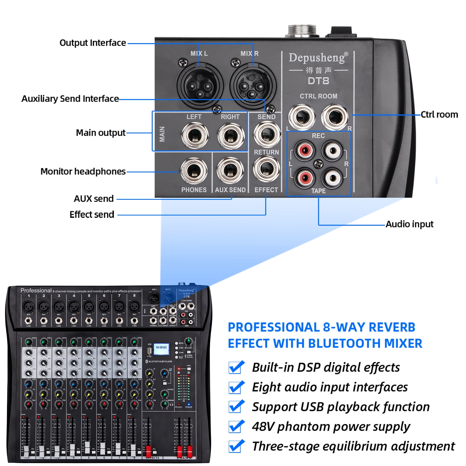 Depusheng DT8 Professional Audio Mixer 8 Channel Mixing Console with USB Computer MP3 Input 48V Phantom Power Stereo DJ Studio FX Steel Chassis