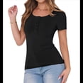 thumbnail image 3 of Blusa Informal Básica de Corta con Cuello Henley Acanalado y Botones para Mujer, y Verano Negro S, 3 of 10