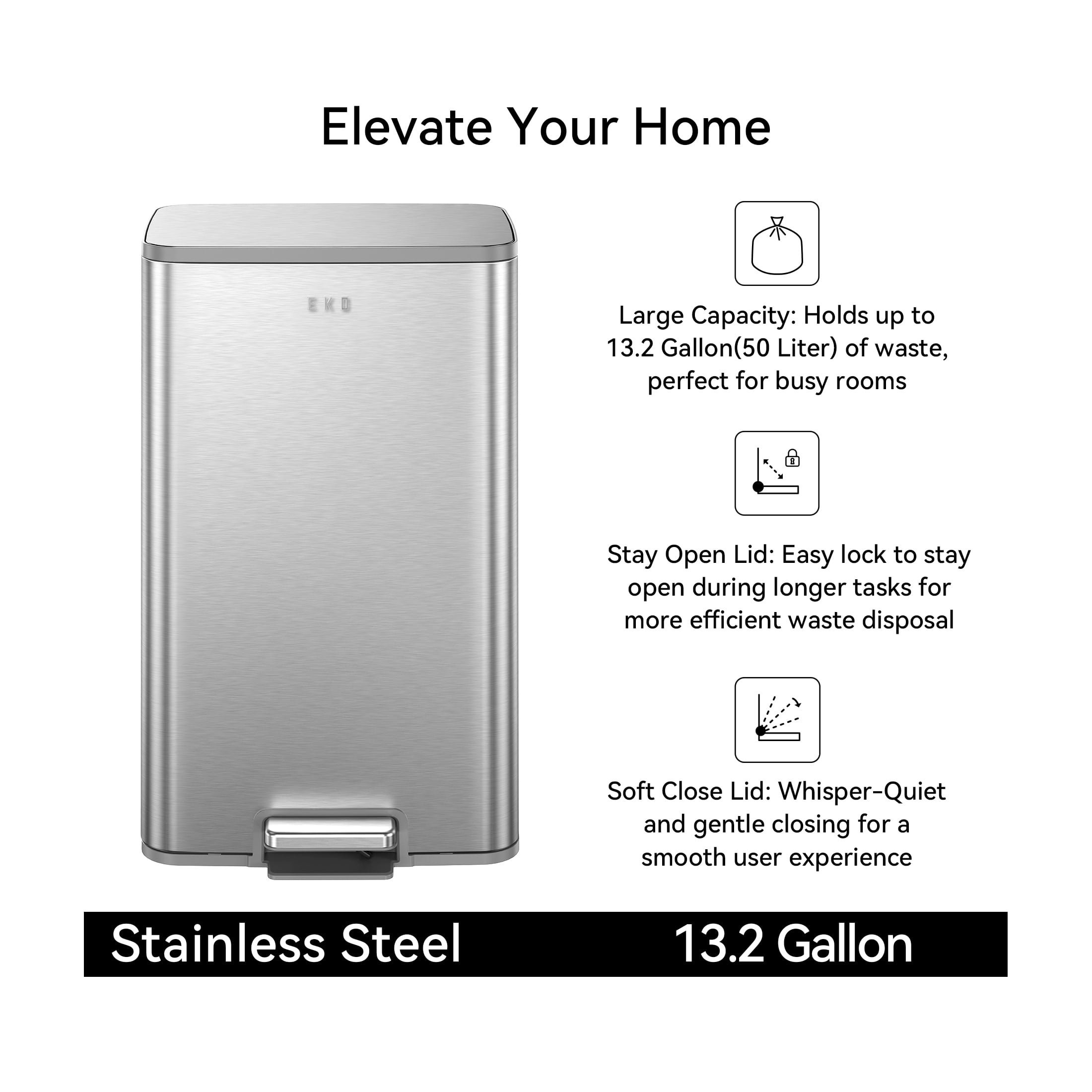 EKO Marina Kitchen Trash Can, 13.2 Gallon Stainless Steel Step Garbage Bin with Soft Close Lid, Matte Silver with Sample Trash Bags Included