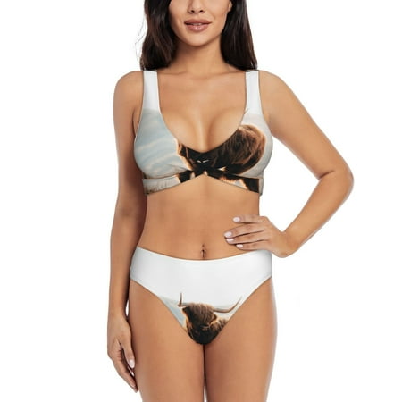 Zeuib Yak High Waisted Tummy Control Bikini Set - Knot Front Push Up Top & Cheeky Thong Bottom  Two-Piece Swimsuit for Women-Small