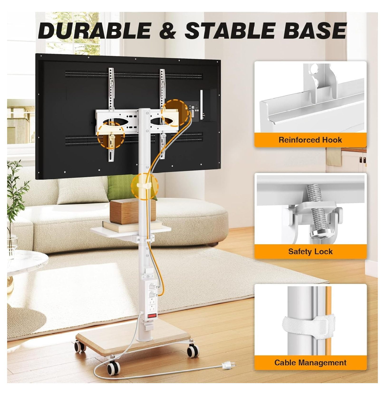 Rolling TV Stand with Power Outlet for 32-60 inch TVs, Swivel and Height Adjustable Mobile TV Stand with Shelf, Strong TV Cart on Wheels up to 88 lbs for Living Room, Bedroom and Office, White
