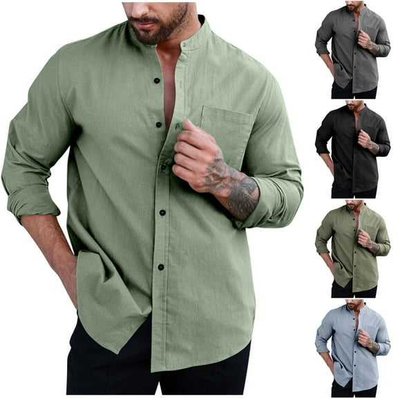 SGFCWSX Men Long Sleeve T-Shirt,Stand Collar Lightweight Solid Casual Button Down Shirts Green 2XL