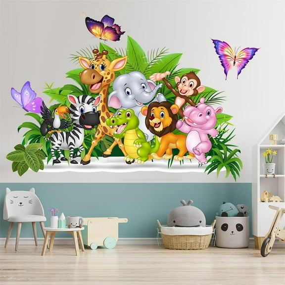 Jungle Animal Wall Stickers Cartoon Animal Wall Decal Elephant Monkey Giraffe Lion Wall Decor DIY Vinyl Mural Art for Kids Baby Nursery Bedroom Living Room Playroom