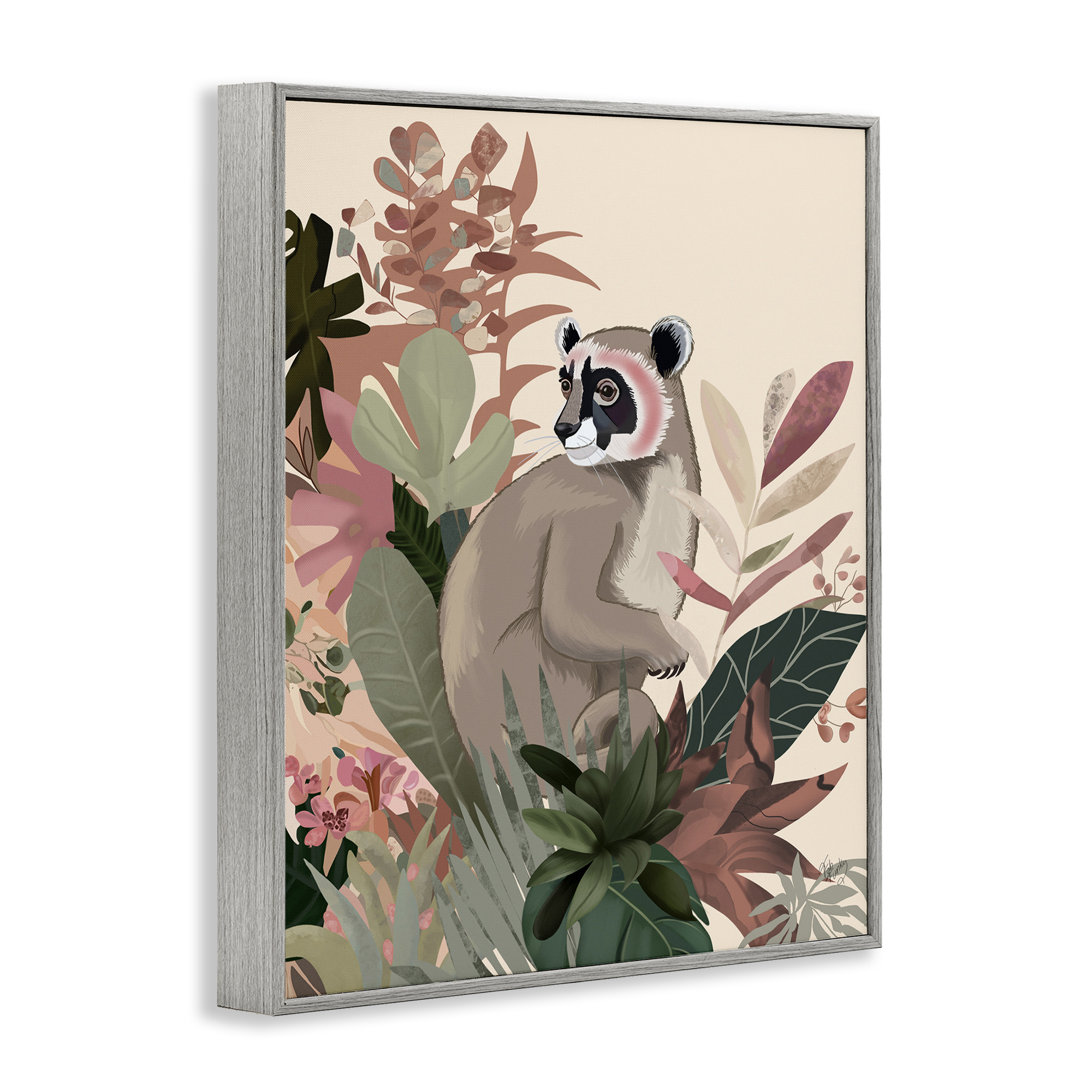 Stupell Industries Lemur & Tropical Plants Animals & Insects Painting Gray Framed Art Print Wall Art, 16 x 20