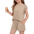 thumbnail image 3 of Girls 2 Piece Outfits Set Solid Color Round Neck Short Sleeve Top and Drawstring Shorts Set Summer Casual Loungewear Comfortable Clothing Sets with Pockets, 3 of 10