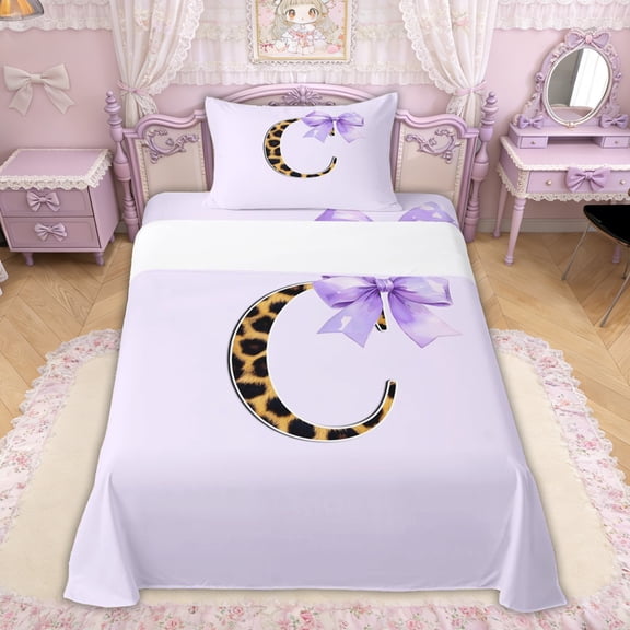 Erosebridal Princess Purple Bow Twin Sheet Sets, Brown Leopard Print Letter C Bedding for Girls Kids, 3pcs