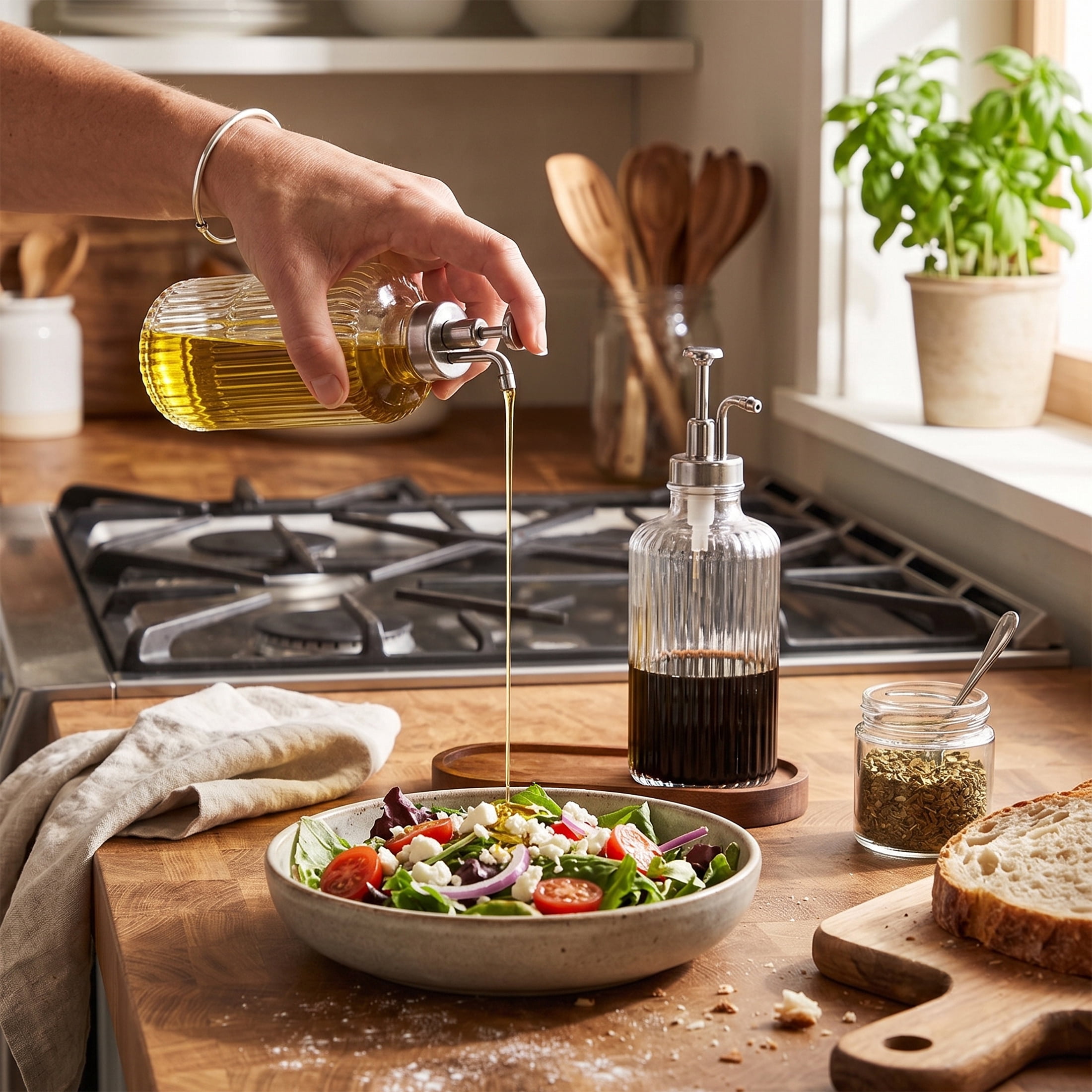 Cook with Color Ribbed Glass Syrup Dispenser Set with Wooden Base, 2-Pack