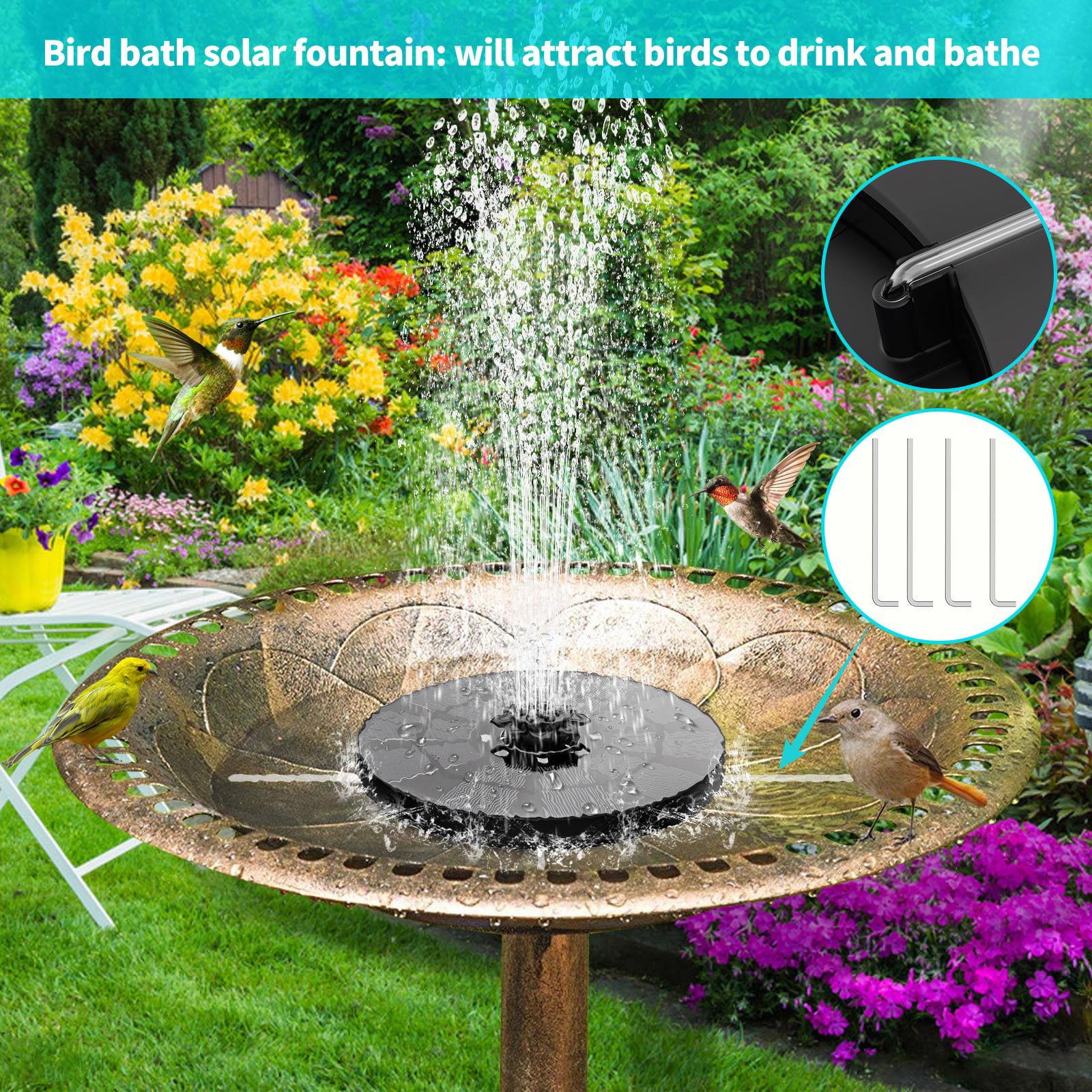 Solar Pump Powered Floating Water Fountain Birdbath Home Garden Pond Pool Decor 