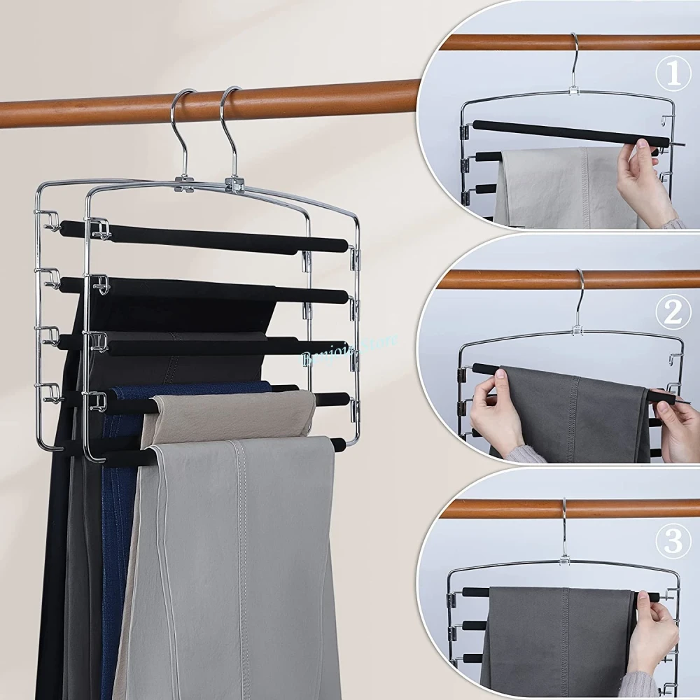 Metal Pants Hangers 4Pcs, Trousers Hangers, Space Saver Pants Rack, Clothes Hanger for Pants, Non-Slip Space Saving Multi-layer Swing Arm Pant Hanger, Stainless Steel,Non-Slip, Foam, by tutuviw