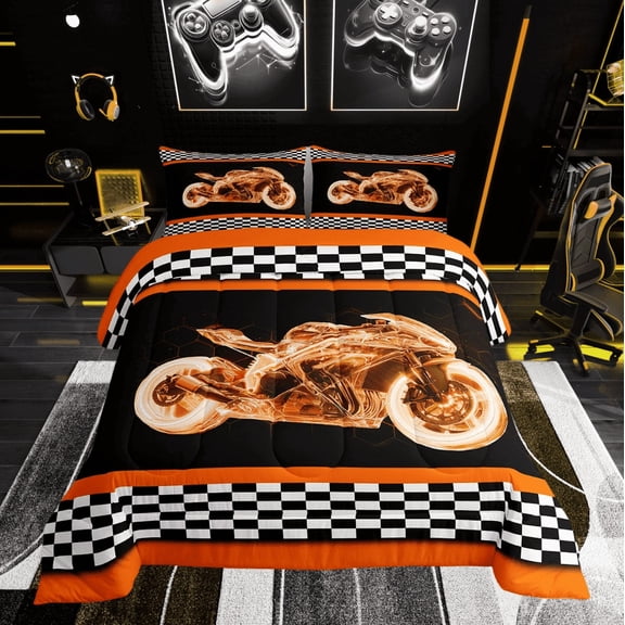 Erosebridal Neon Motorcycle Bedding Twin Comforter Set, Honeycomb Geometry Down Comforter, Extreme Sports Decor, Super Cozy