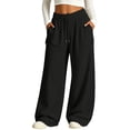 thumbnail image 3 of Womens Wide Leg Sweatpants, Mid Rise Elastic Drawstring Waist Loose Lounge Pants with Pockets, Active Fitness Sports Jogging Daily Wear | VerBelle,Black S, 3 of 9