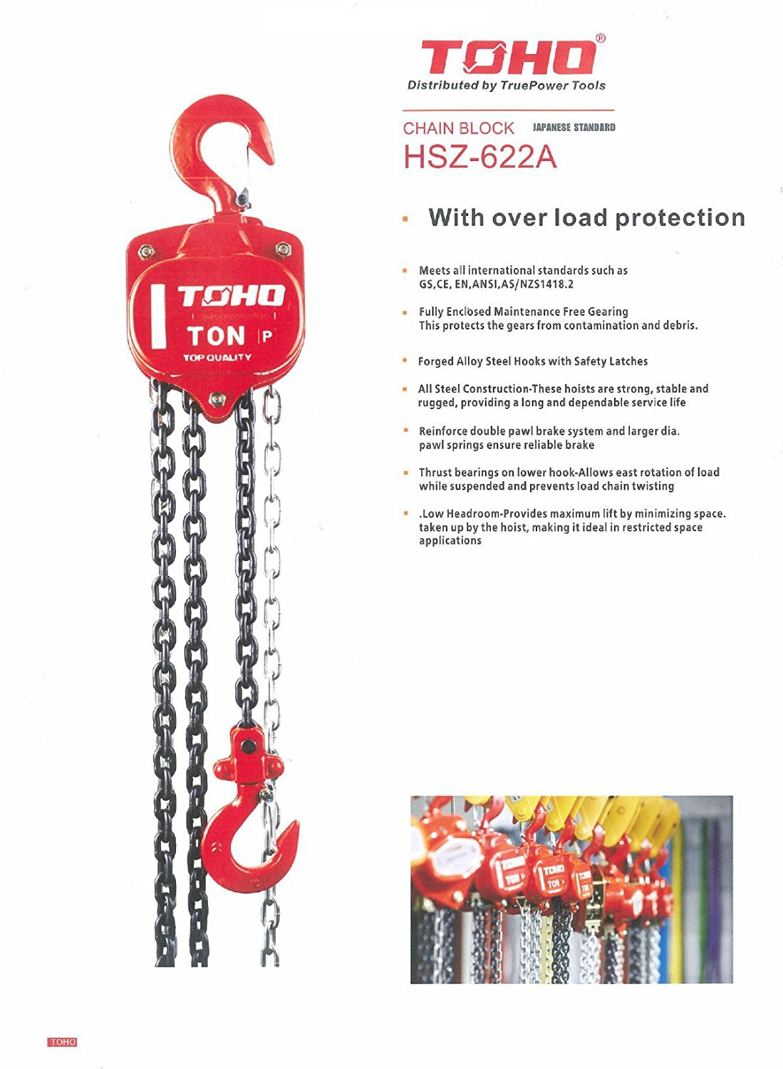 2 Ton, 10 Ft. Chain TOHO HSZ-622A Chain Block Hoist 