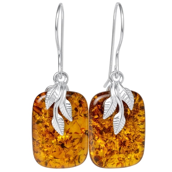 Genuine Baltic Honey Amber Fern Drop Earrings in 925 Sterling Silver – Rectangle Dangle Earrings for Women