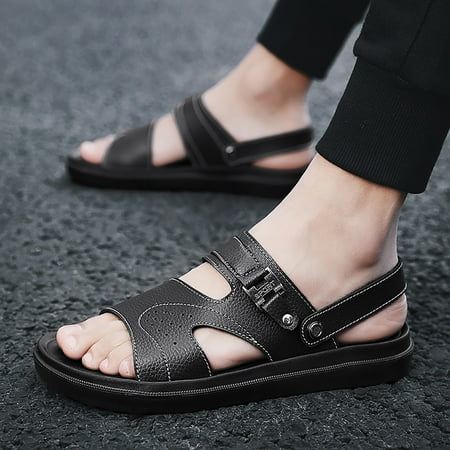

Cathalem Summer Simple Men Leather Sandals Men Sport Sandals Soft Sole Casual Sandals Mens Slides Sandals Black 9.5