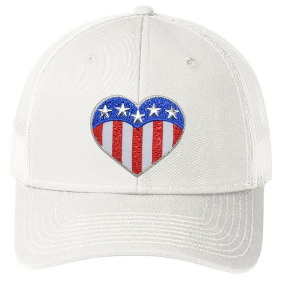 Patriotic Heart Patch USA Flag Trucker Mesh-Back Adult Hat Cap - Solid White