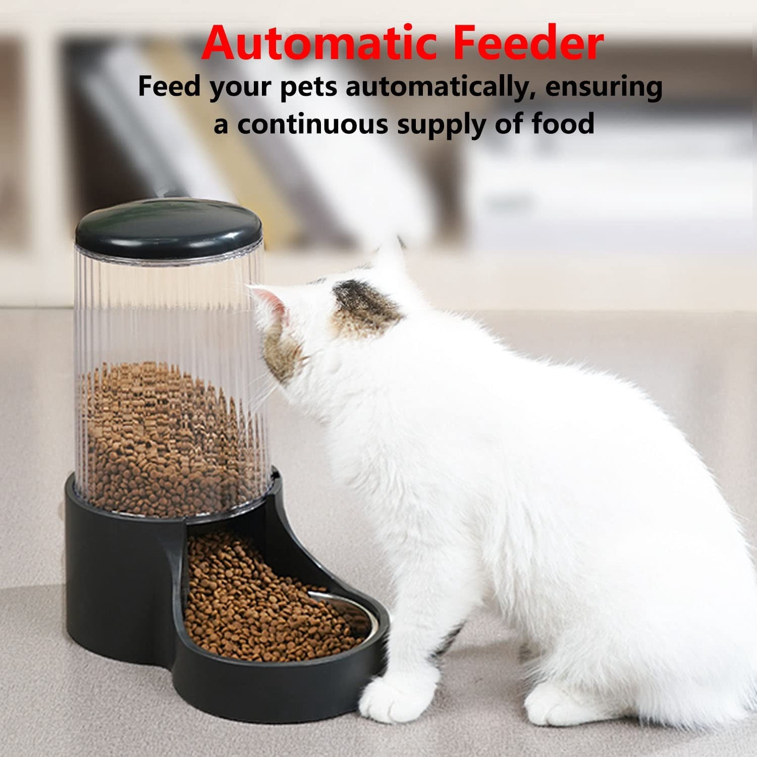 Automatic Cat Feeder, 3.8L Large Gravity Cat Food Dispenser with Detachable Top Lid, Visible Bottle and Stainless Steel Bowl for Pets (Full Black)