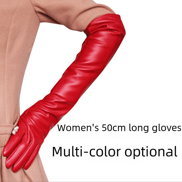 Guantes largos de cuero con pantalla táctil para mujer, 50 cm, guantes de moda de otoño e invierno que se pueden usar