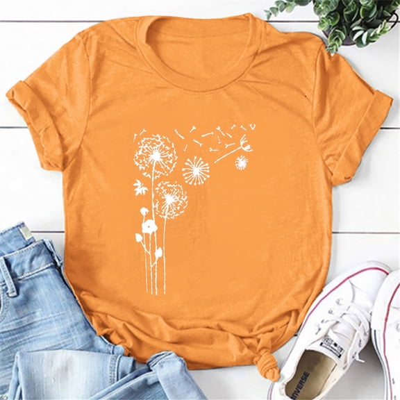 Women's Dandelion Print T Shirts Cute Graphic Tees Short Sleeve Summer Tee Tops
