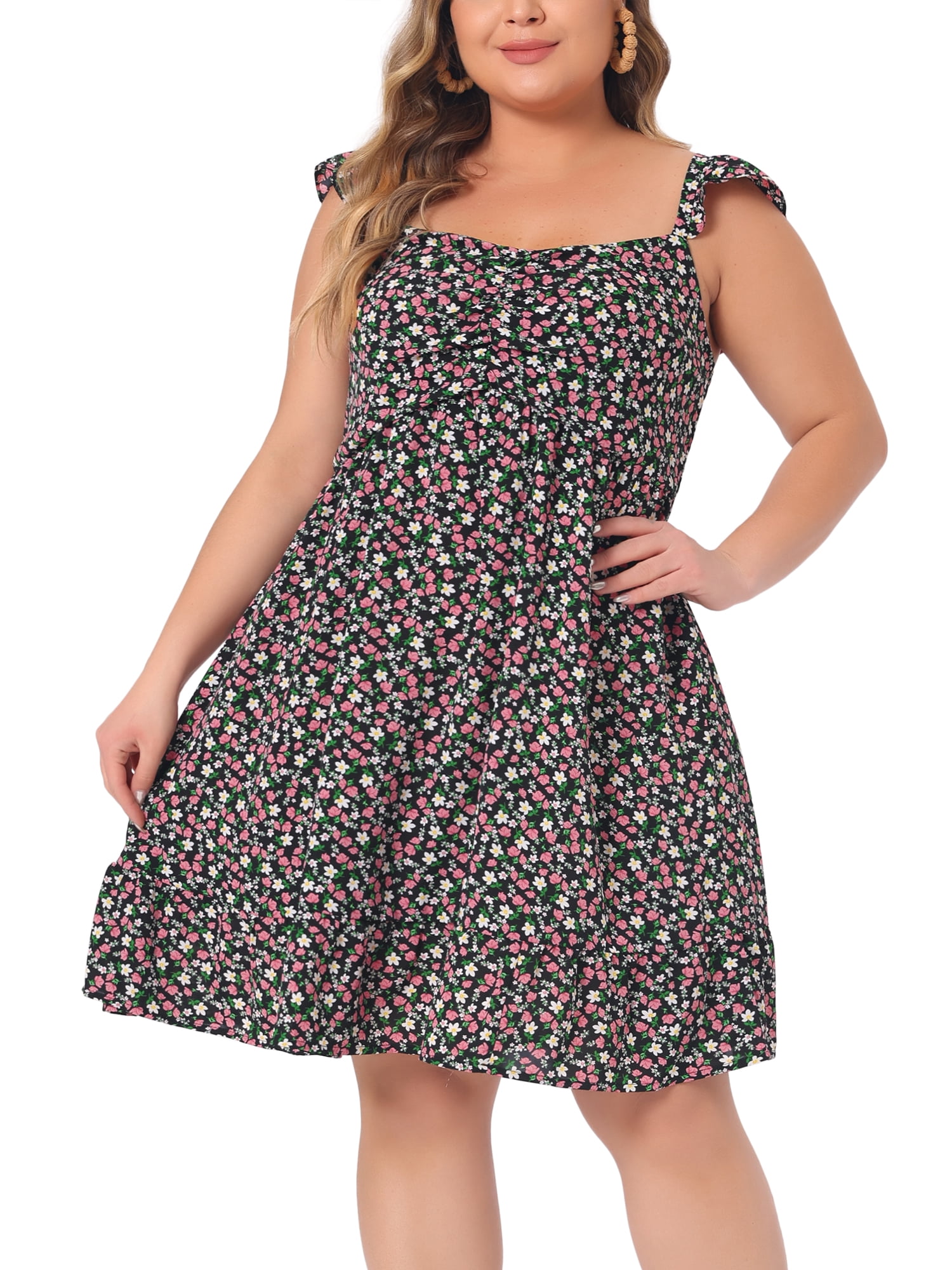 DARING DIVA Women's Plus Sweetheart Neck Ruffle Backless Floral Dresses 3X Black