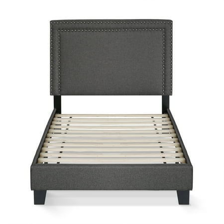 Cotton Double Bed - Furinno Laval Double Row Nail Head Bed Frame, 12PC Slat Style, Stone, Twin