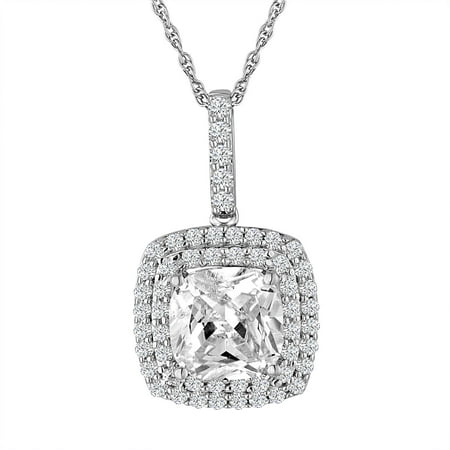 Simulated Diamond Sterling Silver Double Halo Cushion Pendant, 18