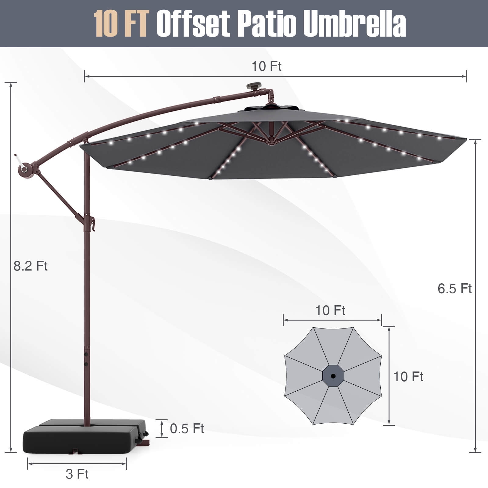 Costway Patio 10FT Hanging Offset Umbrella 32 LED Lights Sand Bag Outdoor Cross Base Dark Gray