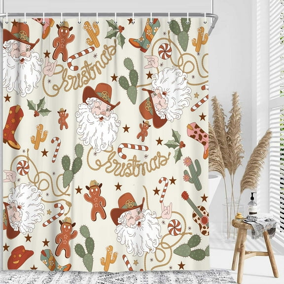 Retro Christmas Shower Curtain, Funny Cowboy Western Santa Abstract Vintage Xmas Pine Tree Green Cactus Gingerbread Candy Shower Curtains for Bathroom, Home Decor Waterproof Fabric with Hooks, 72X72in