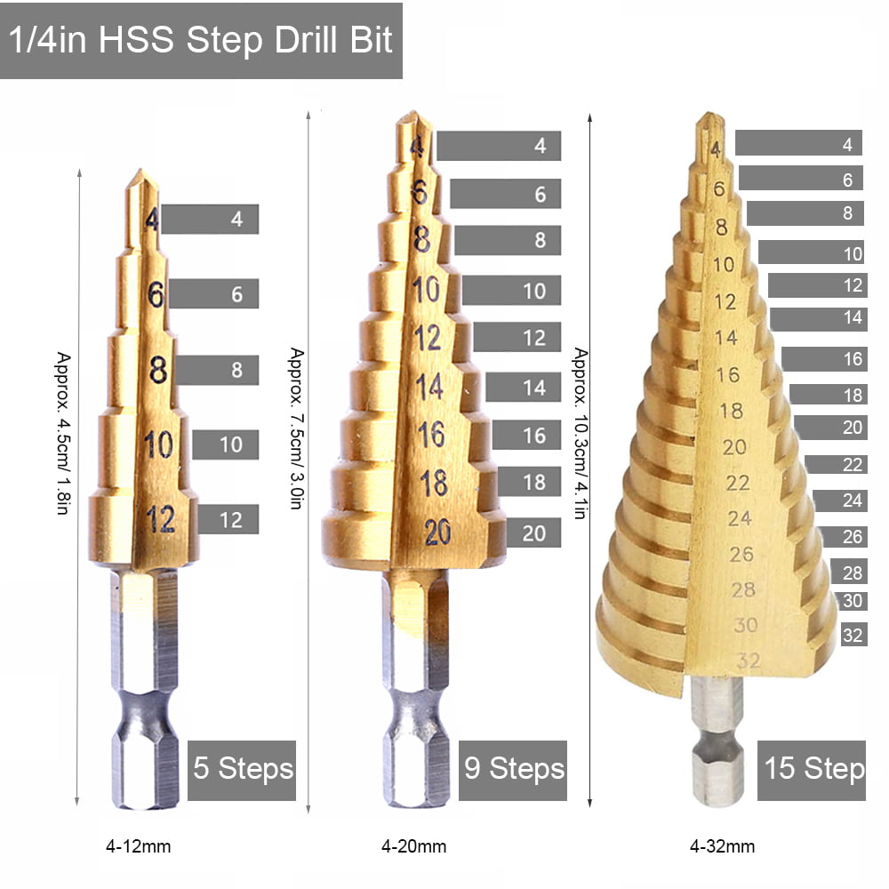 Step Drill bit High Speed Steel Step Drill Bit for Metal Wood Hole Cutter  Woodworking Power Tools 4-12mm 4-20mm 4-32mm by HUANGYUZHENZHI (Color :  3PCS(4 12 4 20 4 32), Shank Shape 