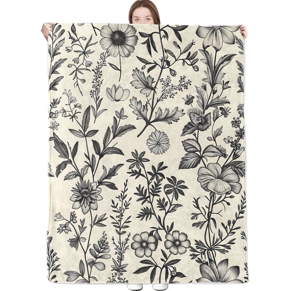 Monochrome Floral Blanket Black and White Vintage Botanical Illustration Throw Blankets Lightweight Flannel Throws for Camping Couch Chair Office Bed Decor Gifts for Adults,50x40inch