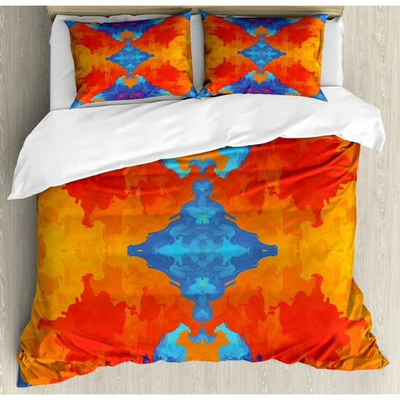 Trippy Duvet Cover Set King Size, Kaleidoscopic Motif Vibrant Blue and Orange Psychedelic Image Symmetrical Pattern, Decorative 3 Piece Bedding Set with 2 Pillow Shams, Multicolor, by Ambesonne