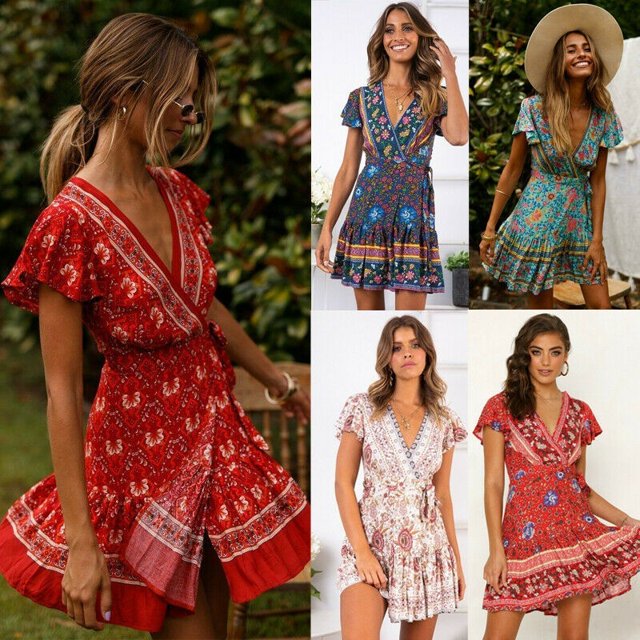 Robes Mini Florales pour Femmes Robe Courte d'Été Col en V pour Dames Tenue de Plage Grande Taille