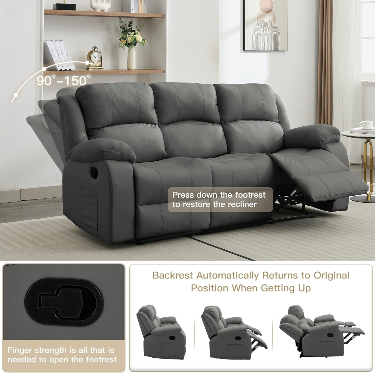 Chizzysit Reclining Loveseat Sofa Leather Recliner Sofa 3 Seater Couch for Living Room, Home Theater Seating - Gray