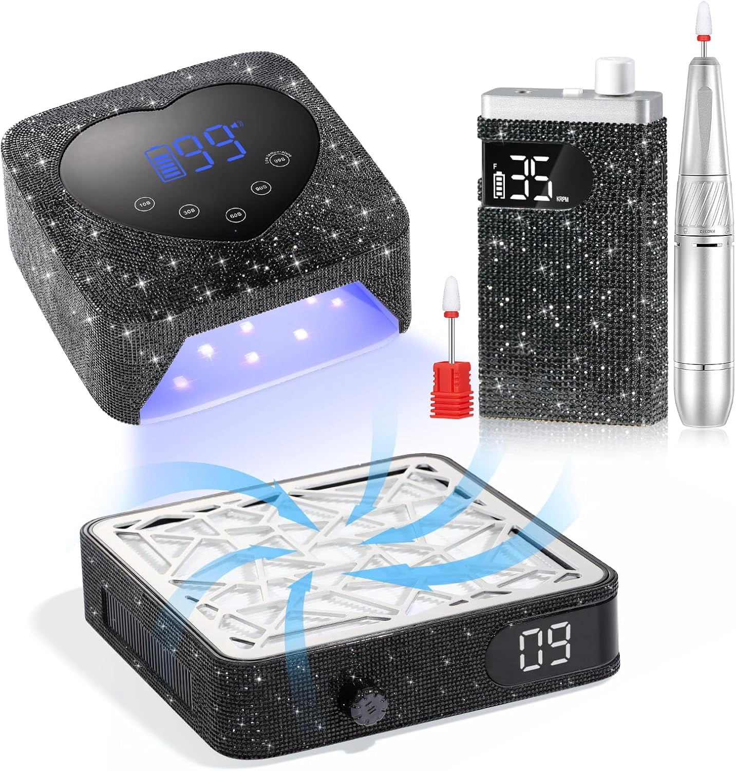 Nail Dust Collector, Dust Collector Nail Tech & Rechargeable 35000RPM Nail Drill Sparkling Professional Electric Nail File & UV LED Nail Lamp Rechargeable Sparkly Nail Dryer