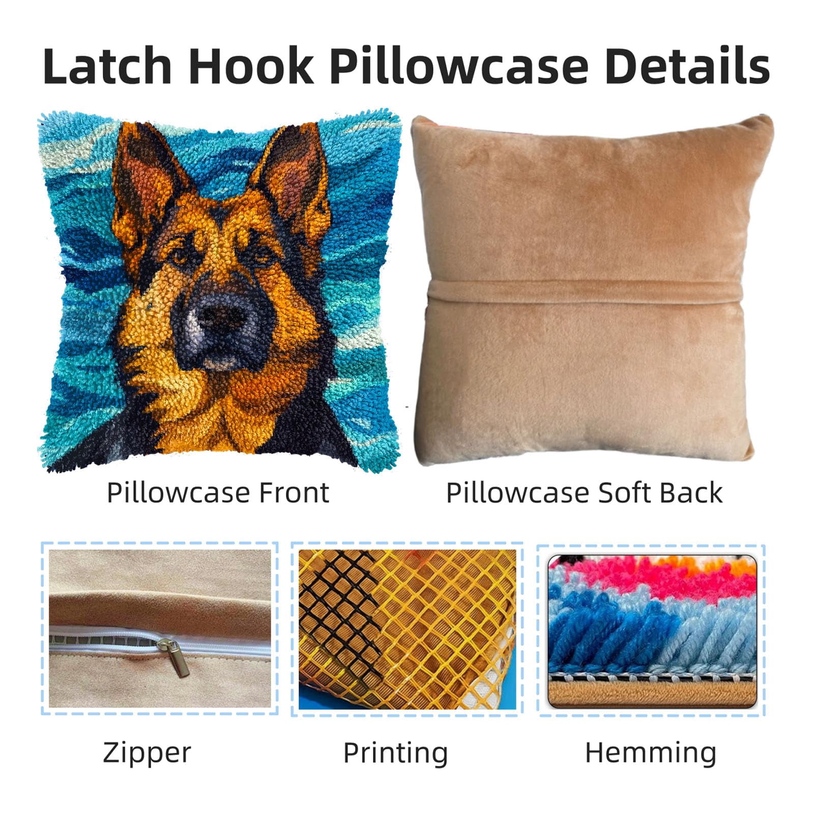 DIY Latch Hook Pillow Kits for Adults German Shepherd Dog Printed Pillowcase Crochet Yarns Hooking Handmade Pillow Cover Cushion for Home Sofa Decoration 17x17inch-1