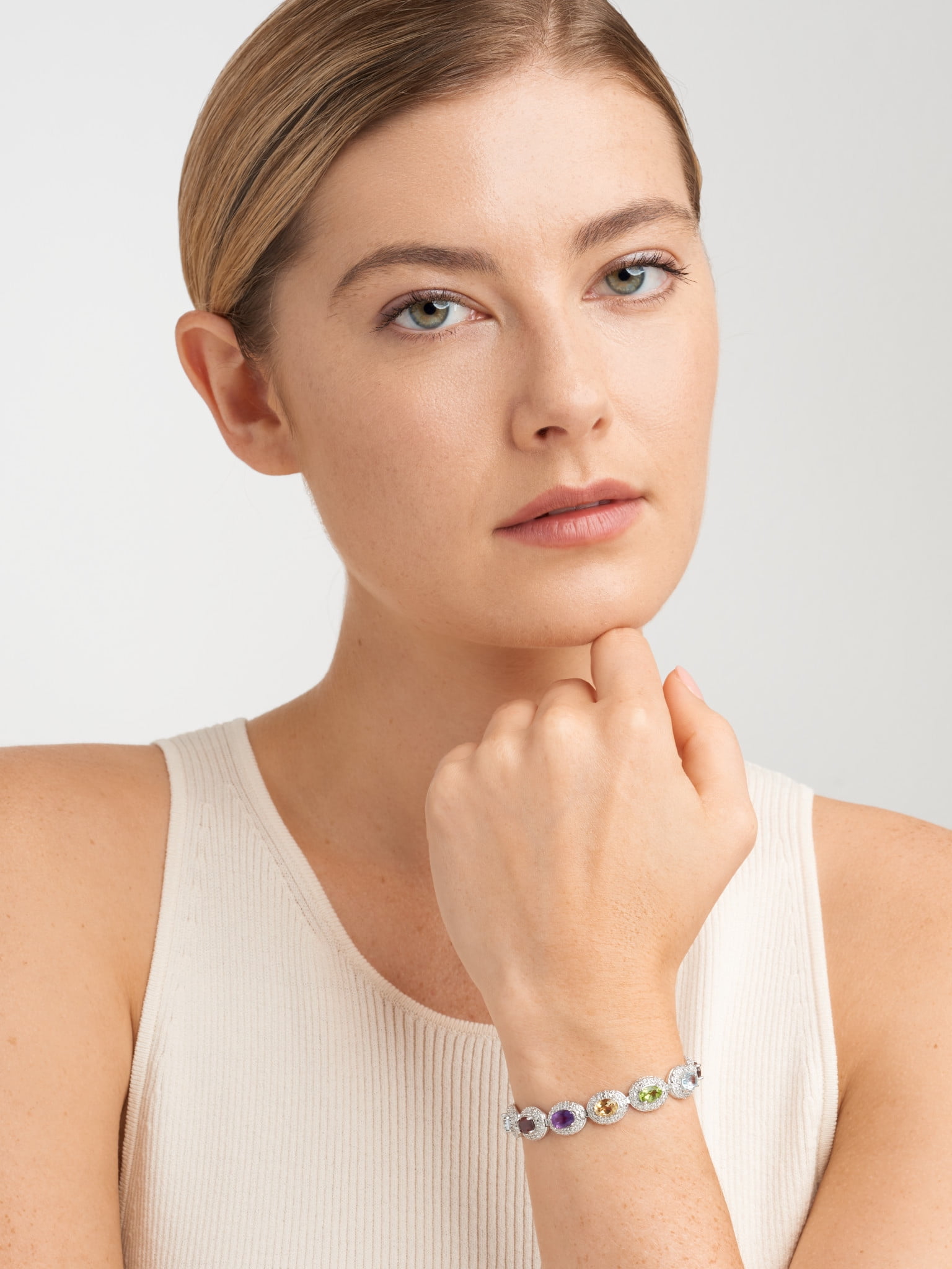 Platinum Plated Sterling Silver Genuine Semi-precoius Multi Gemstone and Diamond Accent Tennis Bracelet,7.25"
